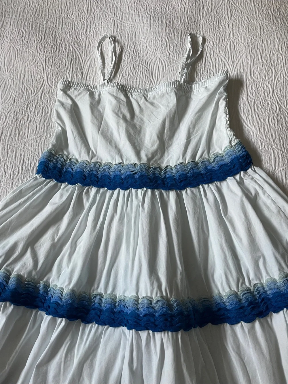 Oliphant White Cotton Maxi Dress with Blue Ric Rac Trim, Size Medium - Picture 2 of 10